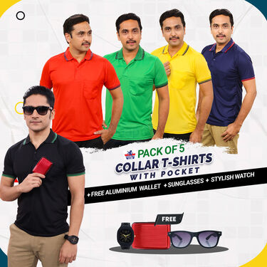 Pack Of 5 Collar T-Shirts With Pocket With 1 Watch + Aluminum Wallet + Sunglass (5PTW4)